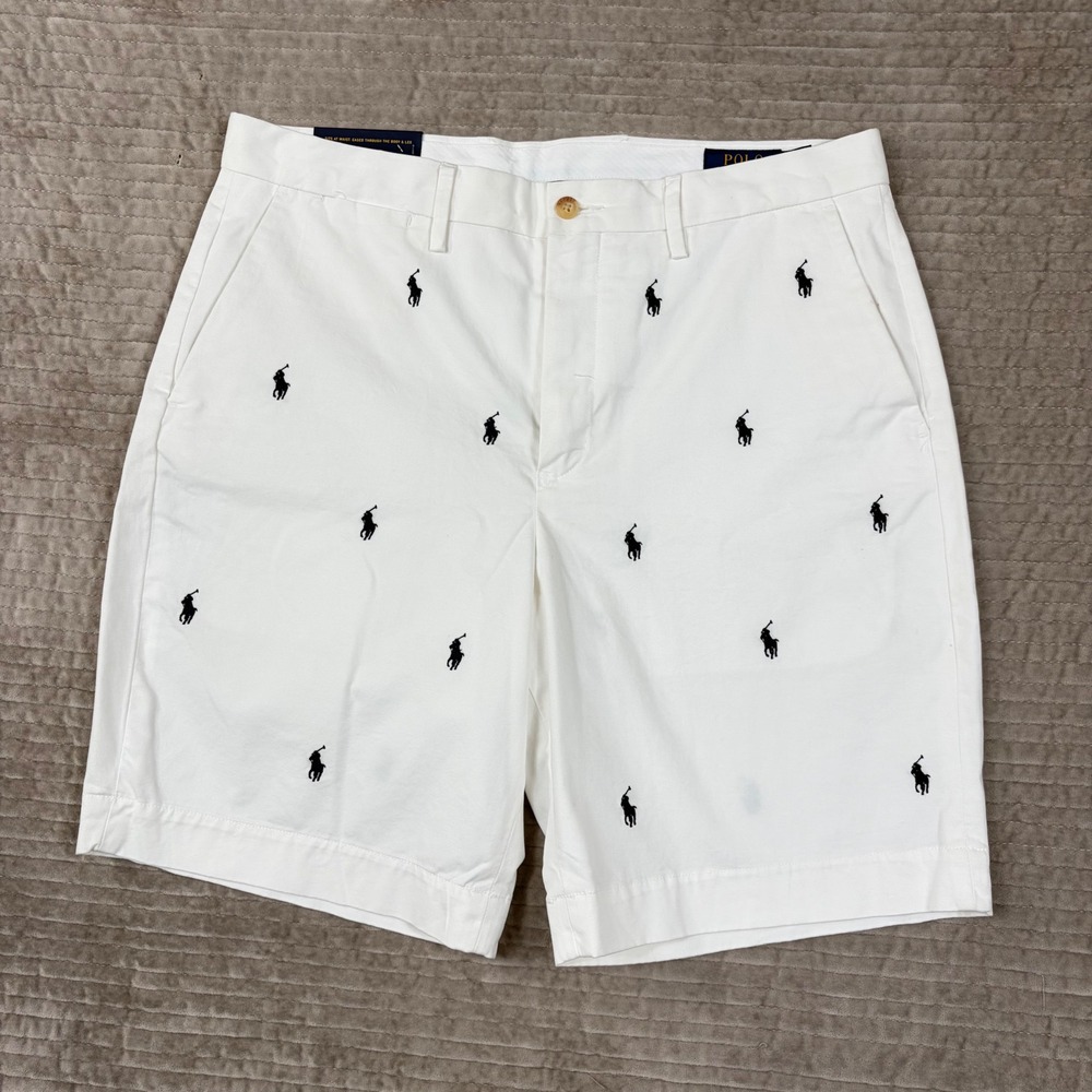 Polo Ralph Lauren Mens 33 White Embroidered Pony Stretch Classic Fit 9" Shorts